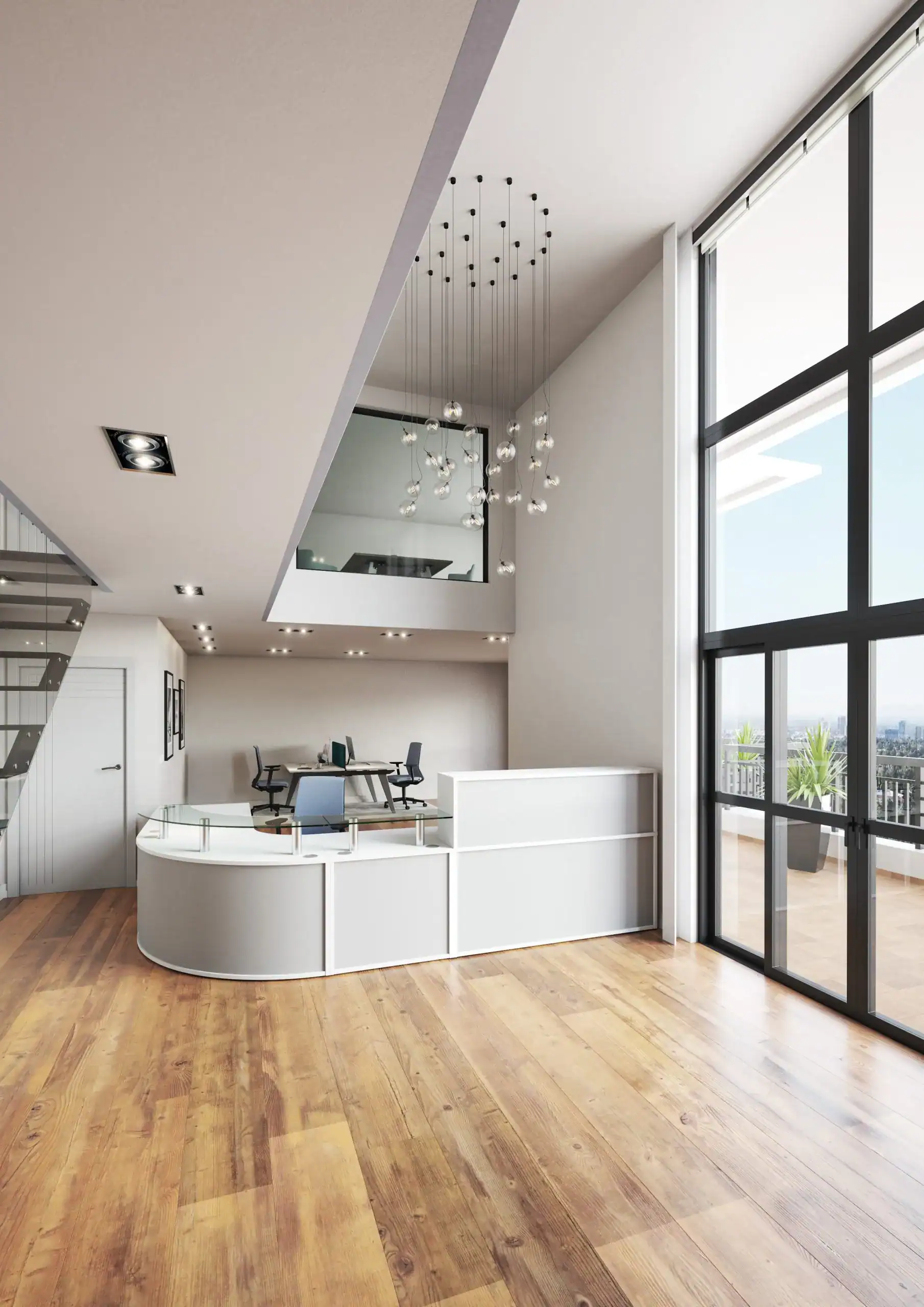rounded grey reception counter, with white trim and elevated glass shelf