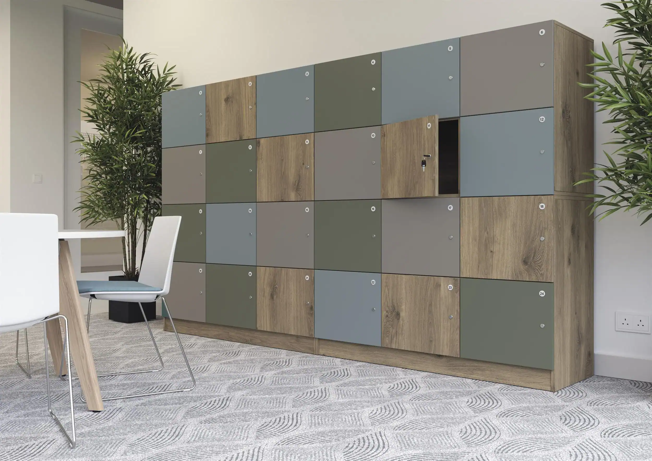 storage lockers with blue, wood, green and grey doors with numbers and locks on