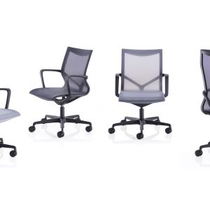 multiple grey mesh chairs with hoop arms