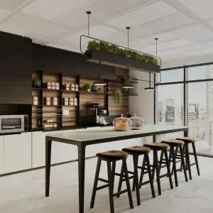 kitchen with a long counter with wooden perch stools lined up