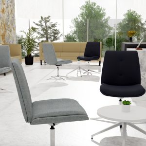 room with multiple grey and black chairs and a small table